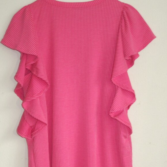 Heimish Ruffled Sleeve Round Neck Urban Stretchy Ribbed Solid Top New - Picture 3 of 5